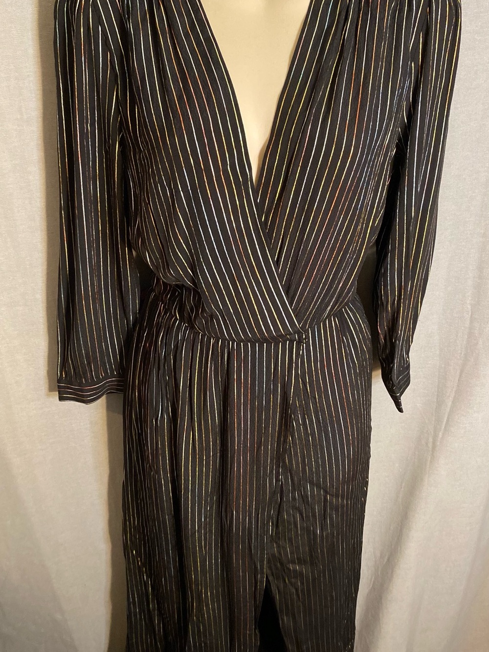 Black Metallic-Striped Women's Wrap Dress